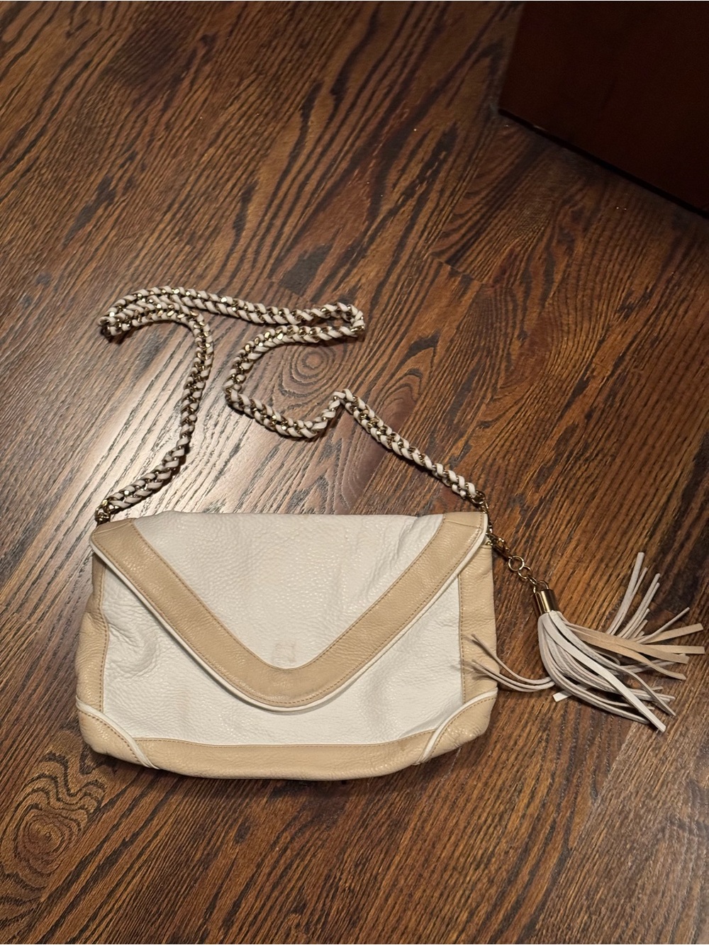 Trina Turk White & Tan Leather Chain Tassel Crossbody